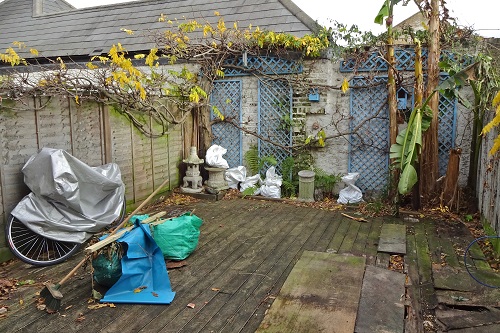 Small rundown back garden with old decking, blue trellis panels.