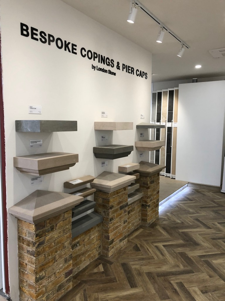 Bespoke copings and pier caps display wall, showing edge profile options