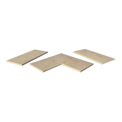 Jura Beige 20mm bullnose coping collection, showing one each of straight, end and corner pieces, with 10-year guarantee.***Image Displaying Jura Beige 20mm Bullnose Coping Collection