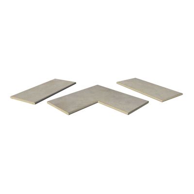 Jura Grey 20mm bullnose coping collection, showing one each of straight, end and corner pieces, with 10-year guarantee.***Image Displaying Jura Grey 20mm Bullnose Coping Collection