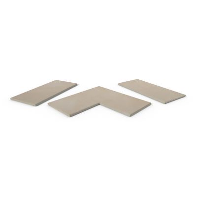 Venetian Beige 20mm bullnose coping collection, showing one each of straight, end and corner pieces, with 10-year guarantee.***
