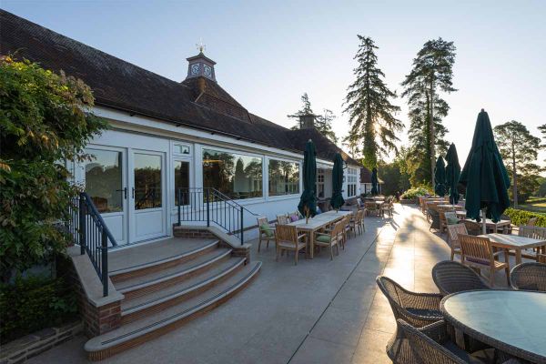 Acid Egyptian Limestone Steps featured at Worplesdon Golf Club, designed by Landform Consultants with dining terrace.***Landform @ Worplesdon Golf Club | Photos - Tammy Marlar | Carborundum Strips added
