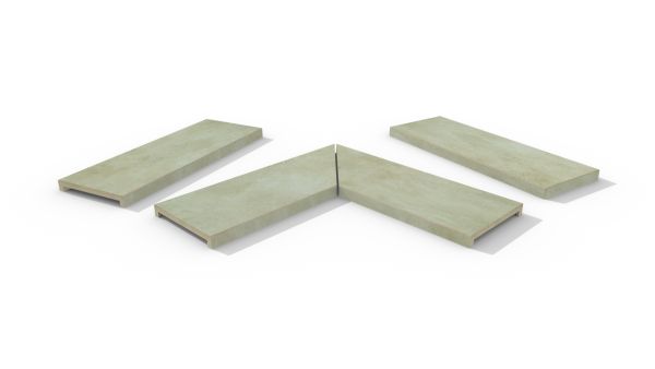 Area 40mm downstand porcelain flat coping stones in straight, end and left- and right-mitred corner pieces, with drip lines.***Image for illustrative purposes only*