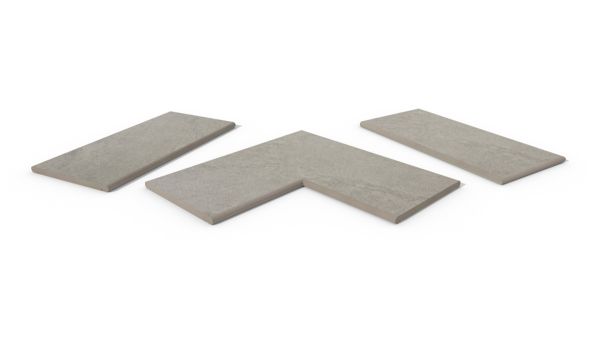 Astor Grey 20mm bullnose coping collection, showing one each of straight, end and corner pieces, with 10-year guarantee.***