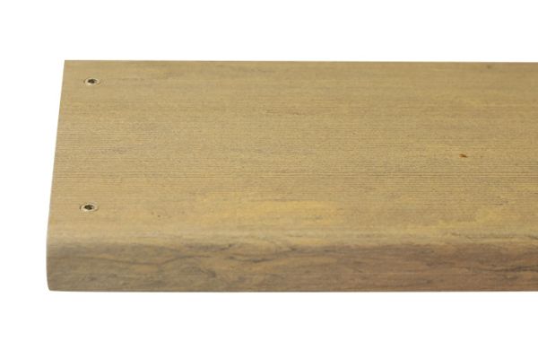 End of plank of Amber DesignBoard, 2 colour-matched decking screws inserted, showing how they blend with the composite material.***