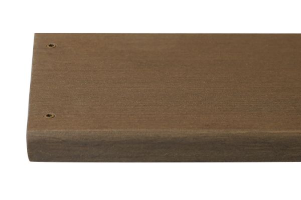 Mocha composite decking board with two Mocha colour match screw fixed to the far left face of the board.***