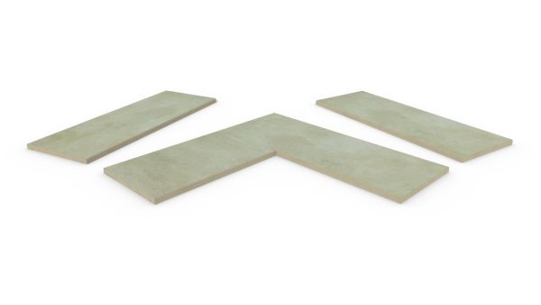Straight, end and corner pieces of Corda porcelain smooth coping stones, with a 5mm chamfered edge profile, with 10-year guarantee.***Image for illustrative purposes only*