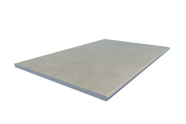 Grey Yorkstone porcelain 20mm bullnose step with rounded edge and natural mid-grey tones. A refined choice for outdoor steps.***
