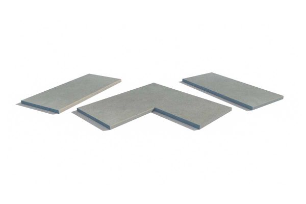 Set of Grey Yorkstone porcelain chamfered copings in multiple formats. A crisp finish to unify steps, walls and cladding.***

