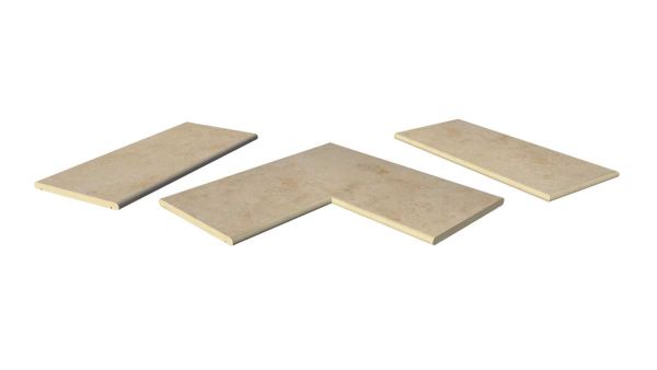 Jura Beige 20mm bullnose coping collection, showing one each of straight, end and corner pieces, with 10-year guarantee.***Image Displaying Jura Beige 20mm Bullnose Coping Collection
