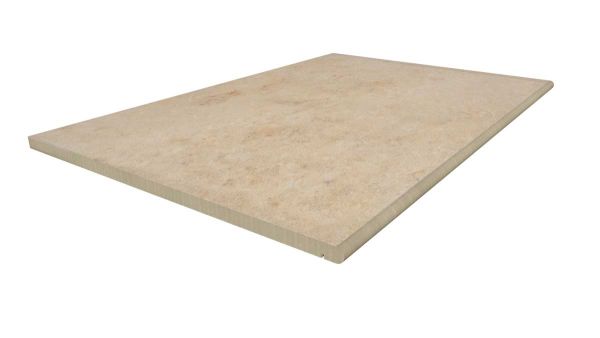 Jura Beige 900x600mm porcelain step, with 20mm bullnosed edge profile and drip line applied in-house, with 10-year guarantee.***Image Displaying 900x600 Jura Beige Step with a 20mm Bullnose Edge