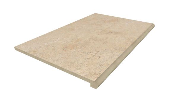 Single 900x600mm Jura Beige porcelain limestone step tread with bullnose edge profile and drip groove. Free UK delivery available.***Image Displaying 900x560 Jura Beige Step with a 36mm Bullnose Edge