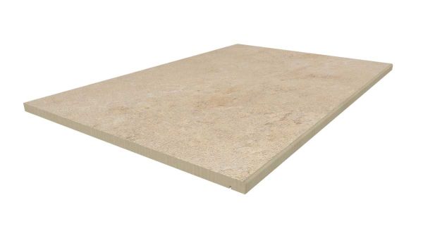 Jura Beige porcelain step tread, with drip-line and 5mm pencil round edge profile applied in-house. Free UK delivery available.***Image Displaying 900x600 Jura Beige Step with a 5mm Pencil Round Edge