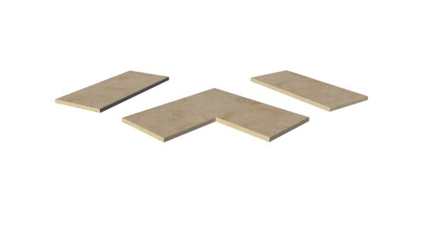 Jura Beige porcelain coping stones, in straight , end and corner pieces, with a 5mm chamfered edge profile.***Image Displaying Jura Beige Chamfer Coping Collection