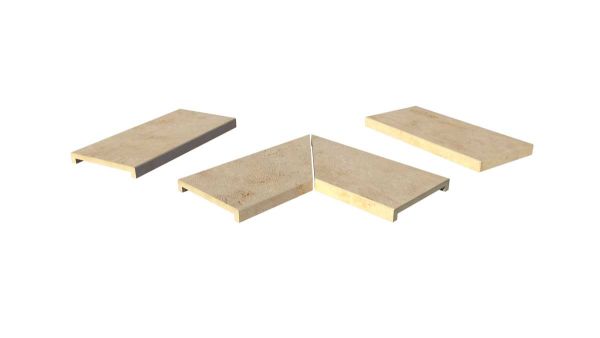 Jura Beige 40mm downstand porcelain coping stones in straight, end and left- and right-mitred corner pieces.***Image Displaying Jura Beige Downstand Coping Collection