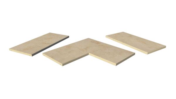 Jura Beige Porcelain 5mm pencil round copings, with drip-line, in straight, end, left and right corner pieces, made in-house.***Image Displaying Jura Beige Pencil Round Coping Collection