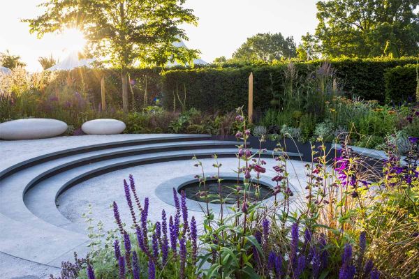 Detailed image of Jura Green limestone at show garden, capturing subtle colour shifts and natural stone patterns.***Rosebank Landscaping & Tom Simpson
