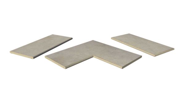 Jura Grey 20mm bullnose coping collection, showing one each of straight, end and corner pieces, with 10-year guarantee.***Image Displaying Jura Grey 20mm Bullnose Coping Collection