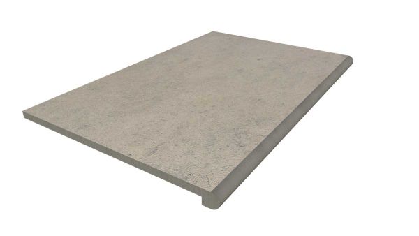 Render of a 900x600mm Jura Grey limestone porcelain step with bullnose edge profile and drip groove. Free UK delivery available.***Image Displaying 900x560 Jura Grey Step with a 36mm Bullnose Edge