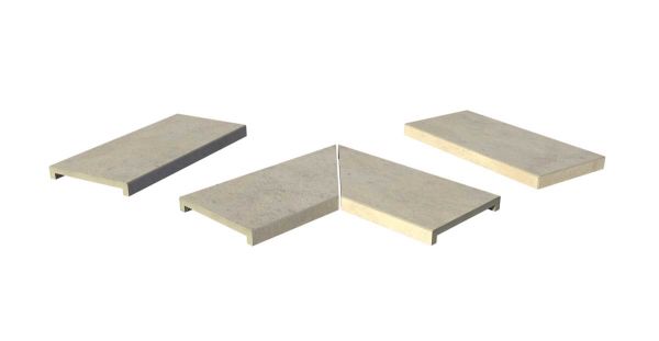 Jura Grey 40mm downstand porcelain coping stones in straight, end and left- and right-mitred corner pieces.***Image Displaying Jura Grey Downstand Coping Collection
