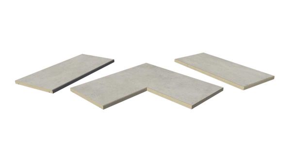Jura Grey Porcelain 5mm pencil round copings, with drip-line, in straight, end, left and right corner pieces, made in-house.***Image Displaying Jura Grey Pencil Round Coping Collection