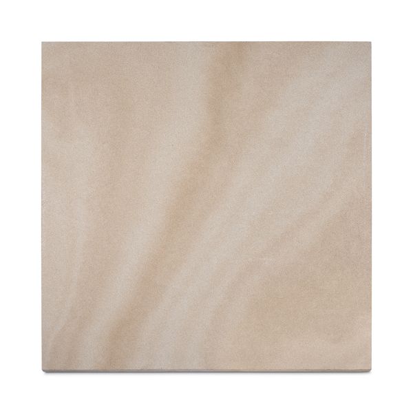 A plank of Light Buff sawn sandstone paving, viewed from above, highlighting its warm tones, subtle markings and smooth texture.***