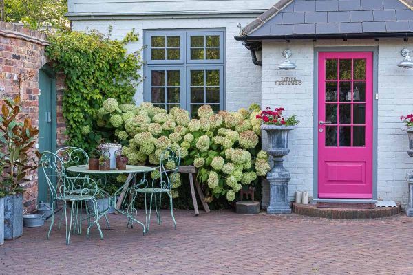 Bright pink door on cottage style property with hydrangea bush and metal bistro furniture on abbey dark multi clay pavers.***We Love Plants Ltd, Photos by Nicola Stocken