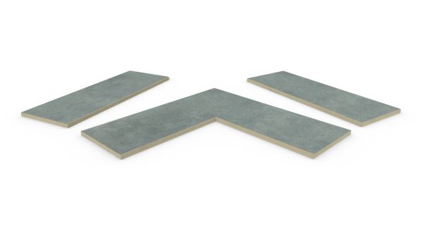 Polvere porcelain smooth coping stones, in straight , end and corner pieces, with drip-lines and  5mm chamfered edge profile.***Image for illustrative purposes only*