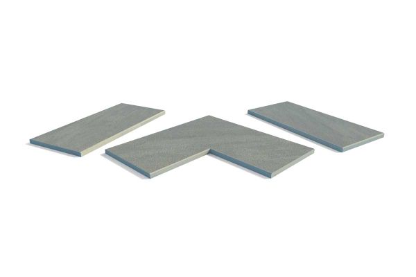 Raj Green Porcelain 5mm pencil round copings, with drip-line, in straight, end, left and right corner pieces, made in-house.***Image Displaying Raj Green Porcelain 5mm Pencil Round Coping Collection