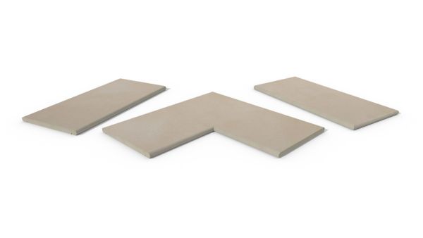 Venetian Beige 20mm bullnose coping collection, showing one each of straight, end and corner pieces, with 10-year guarantee.***