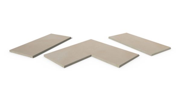 Venetian Beige Porcelain 5mm pencil round copings, with drip-line, in straight, end, left and right corner pieces, made in-house.***