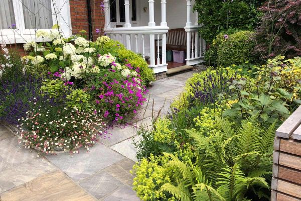 Edwardian house with black sandstone tumbled garden paving slabs leading to porch between planted borders. ***Alchemy Green,  www.alchemygreen.co.uk
