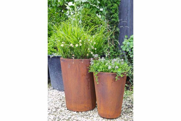 2 Corten steel tapered cylinder planters, 300x400mm and 400x500mm, sit on gravel, planted up by Form Plants. Nationwide delivery.***Image displaying 300x400mm & 400x500 Tapered Cylinder Planters. Plants by Form Plants. 