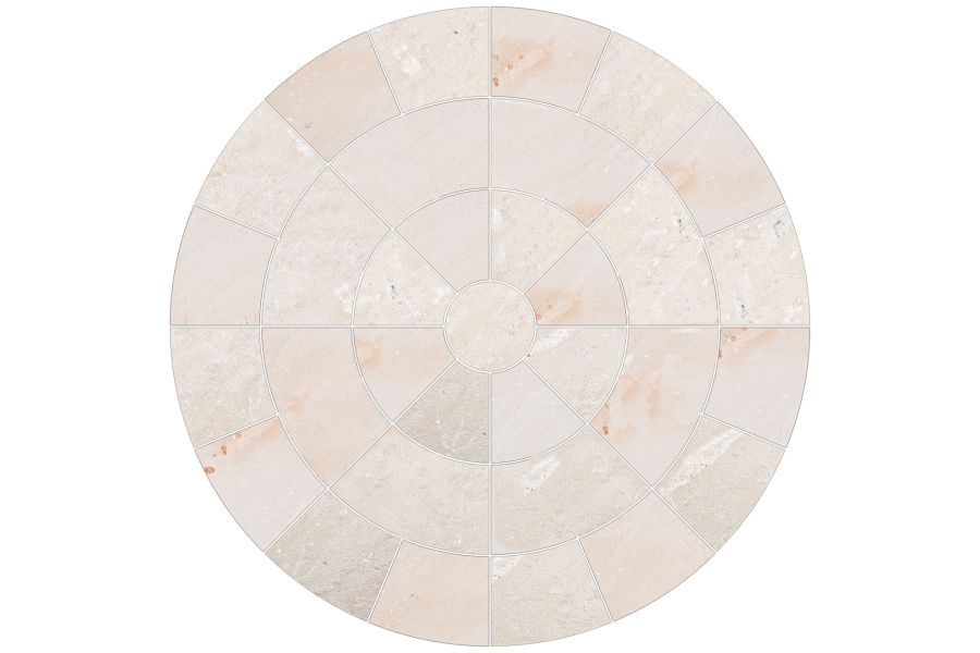 Diagrammatic view from above of Mint sandstone circle, showing slab layout in 3 rings around central round paving slab.