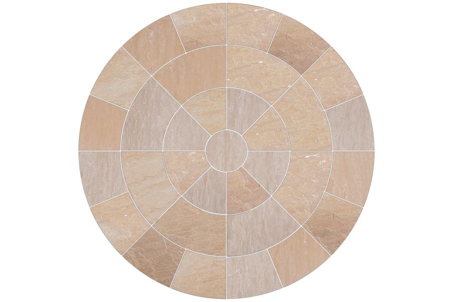 Diagrammatic view from above of Raj Green sandstone circle, showing slab layout in 3 rings around central round paving slab.