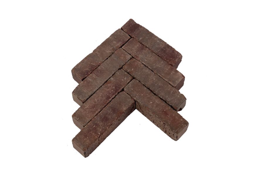 4 courses of 2 Antique Red clay pavers each in herringbone pattern, showing dark tones against pale background.