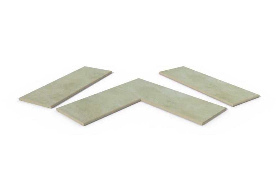 Area porcelain 20mm bullnose coping collection, showing one each of straight, end and corner pieces, for garden walls.
