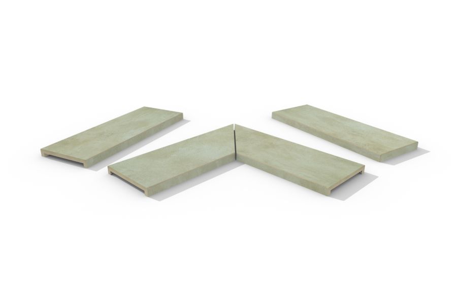 Area 40mm downstand porcelain flat coping stones in straight, end and left- and right-mitred corner pieces, with drip lines.