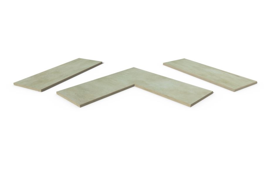 Area Porcelain 5mm pencil round copings, with drip-line, in straight, end, left and right corner pieces, for exterior walls.