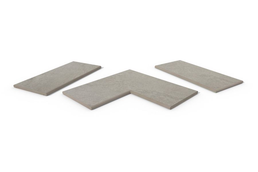 Astor Grey 20mm bullnose coping collection, showing one each of straight, end and corner pieces, with 10-year guarantee.
