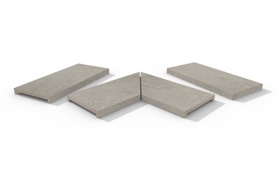 Astor Grey 40mm downstand porcelain coping stones in straight, end and left- and right-mitred corner pieces.