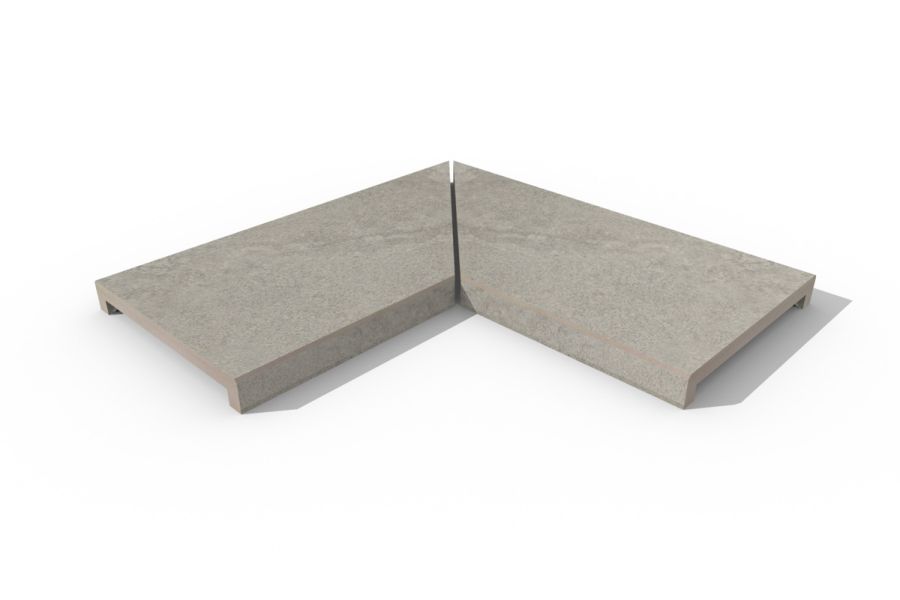 Astor Grey corner coping stones, left and right hand pieces fitted together at mitred edges, with 40mm downstand made in-house.