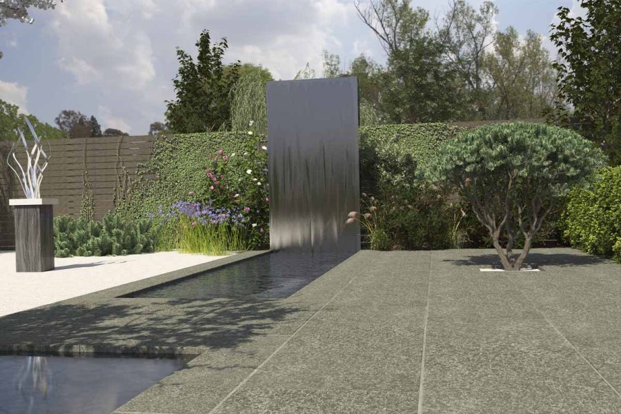 Contemporary garden with basalt porcelain slabs, central water feature surrounded by a living wall, abstract statue, and a tree.