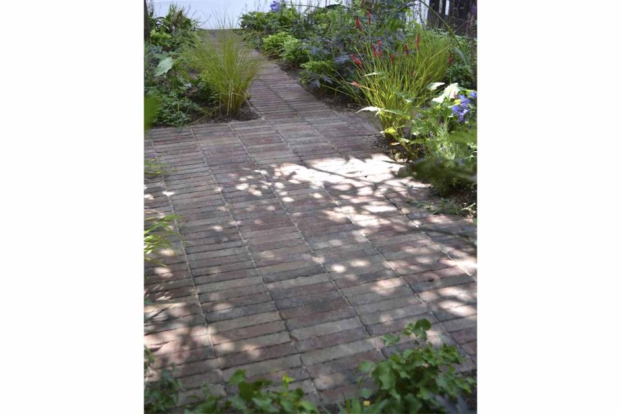 Bexhill clay pavers laid stack bond 6 bricks wide, in dappled shade with path, 2 bricks wide, leading away between planted borders.