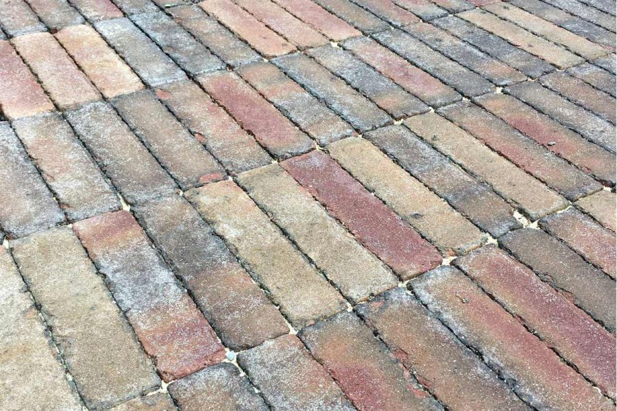 Close up of Bexhill clay pavers laid stack bond with sanded joints, showing red, buff, grey and black colours. Built by GRDN