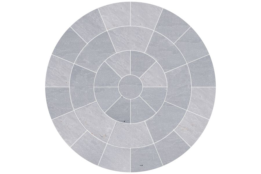 Diagrammatic view from above of Kandla Grey sandstone circle, showing slab layout in 3 rings around central round paving slab.