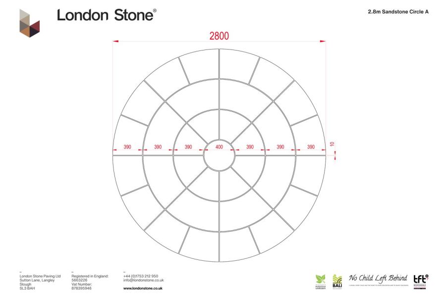 Diagram of Mint paving circle, showing slab widths in each of 3 rings that make up diameter. Free UK delivery available.