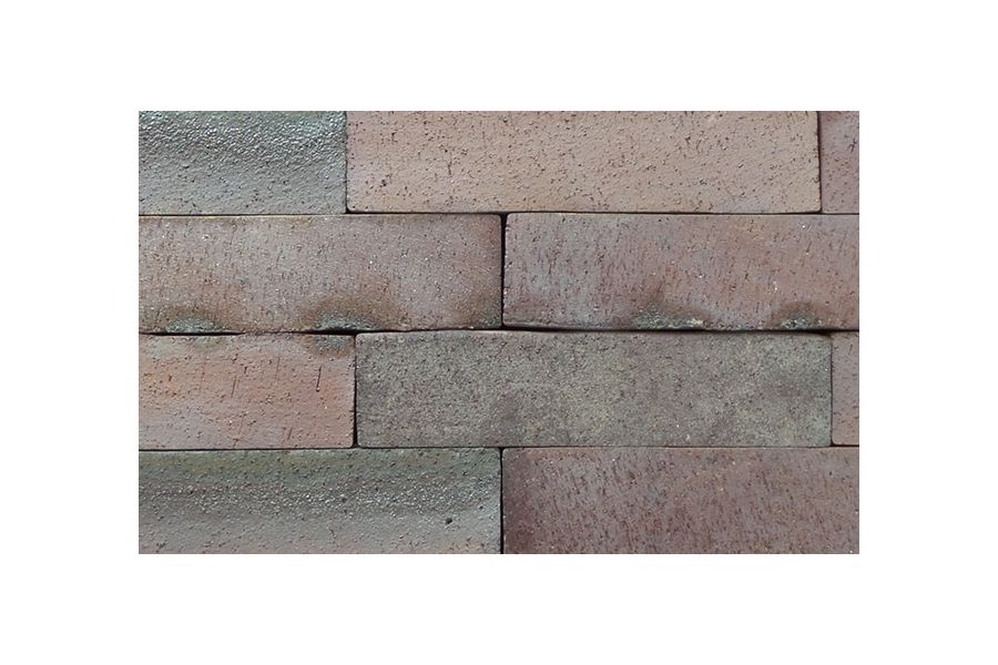 Close view of 10 Bromley clay paving bricks laid edge-on without sanded joints, showing tones of pale red and grey.