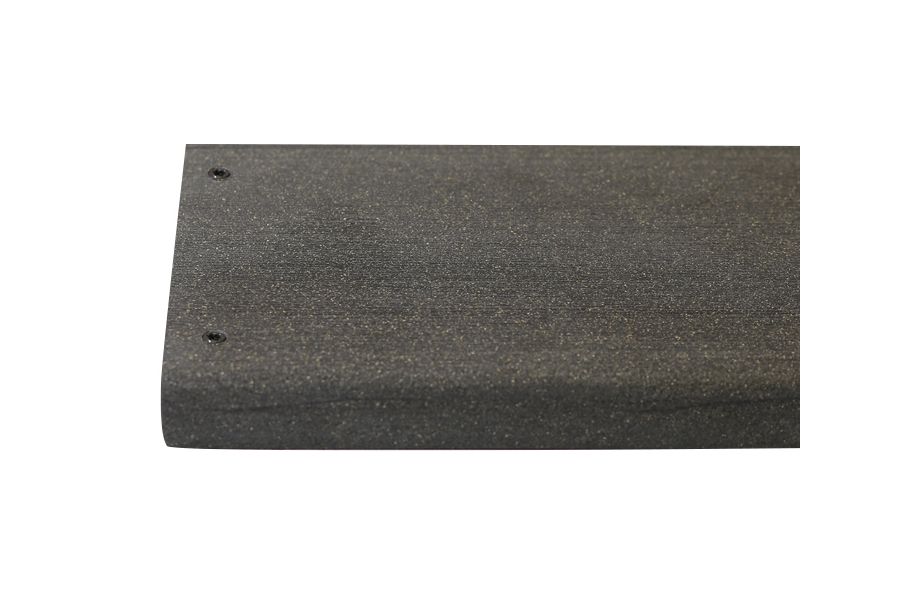 End of Charcoal composite decking plank with 2 Colour Match Screws inserted, demonstrating how they blend with the DesignBoard.
