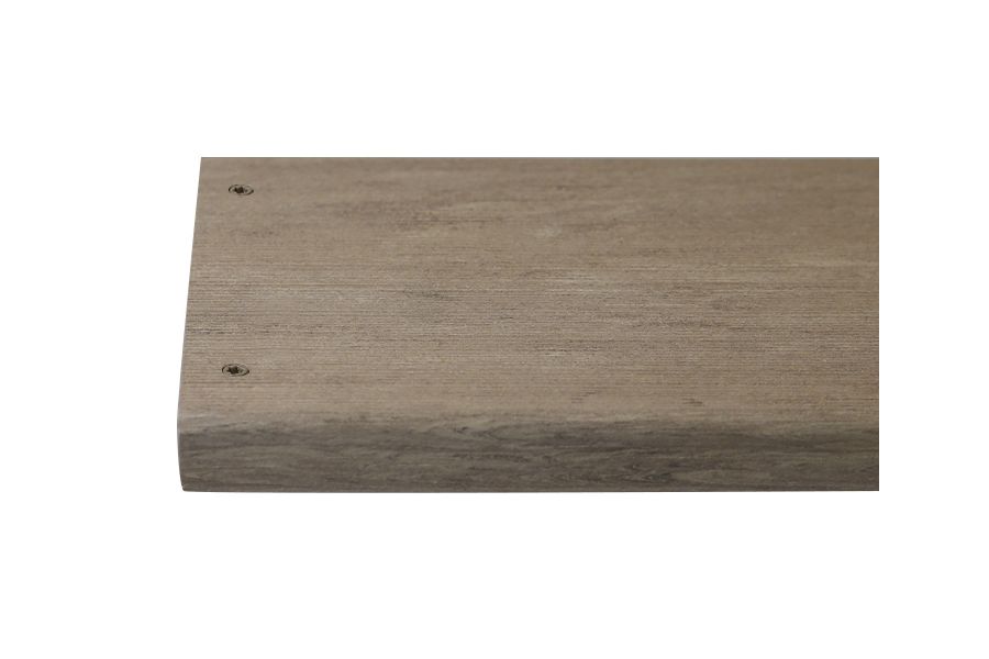 Cinnamon composite decking board with two Cinnamon colour match screw fixed to the far left face of the board.